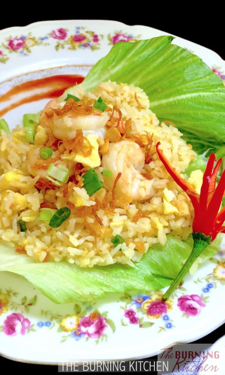Prawn and egg fried rice on plate