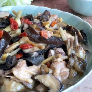 Black fungus chicken with wine on teal plate