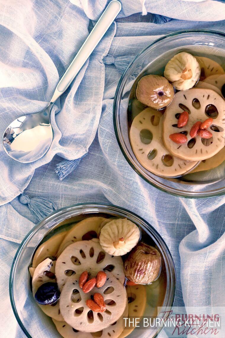 Lotus Root Sweet Soup with Figs in two bowls