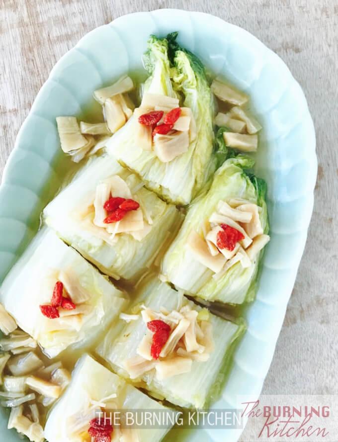 Braised Napa Cabbage with dried scallops in chinese plate