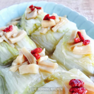 Napa Cabbage (Wong Bok) with Dried Scallops: A light healthy dish of sweet cabbage and prized dried scallop braised in a umami-rich gravy made by first caramelising the natural sugars of the cabbage and then deglazing the wok with the essence of the dried scallops.
