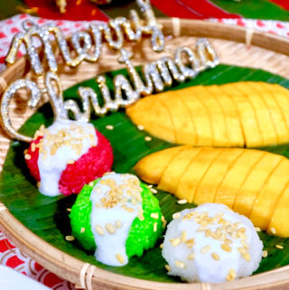 Christmas-themed Thai Mango Sticky Rice in white, green and red