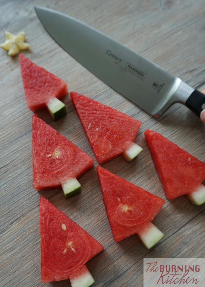 Watermelon Christmas Trees with knife at the side