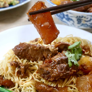Plate of beef brisket noodles with a piece of beef tendon being held up.